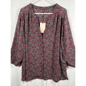 NYDJ Pintuck Blouse Womens 3X Black Red Floral Top Plus Size Flowy Boho NWT